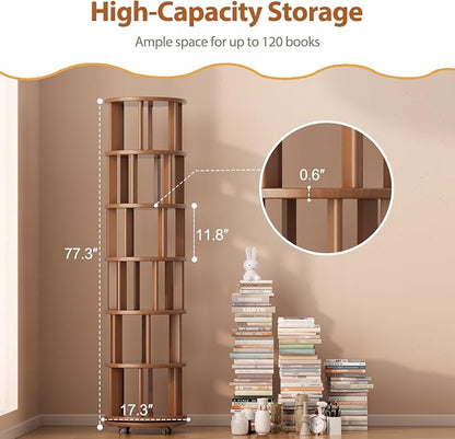 Solid Wood Rotating Bookshelf on Wheels, 6 Tier, Round Revolving Bookcase - Image 2