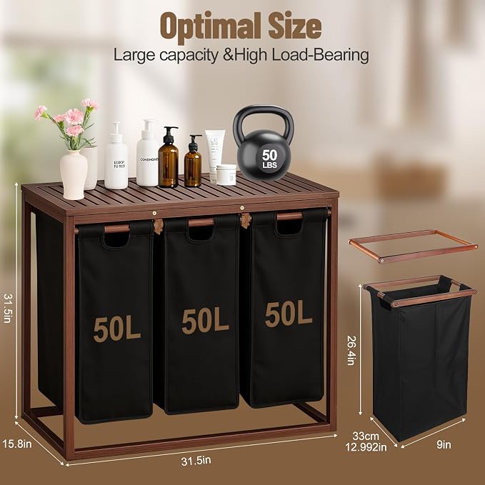 Bamboo Laundry Hamper 3 Section - Image 3