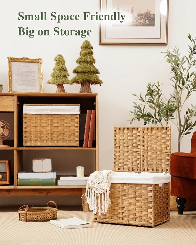 SETVSON Storage Basket with Lid Woven Wicker Baskets, 35L Natural | 9.2 Gallon - Image 6