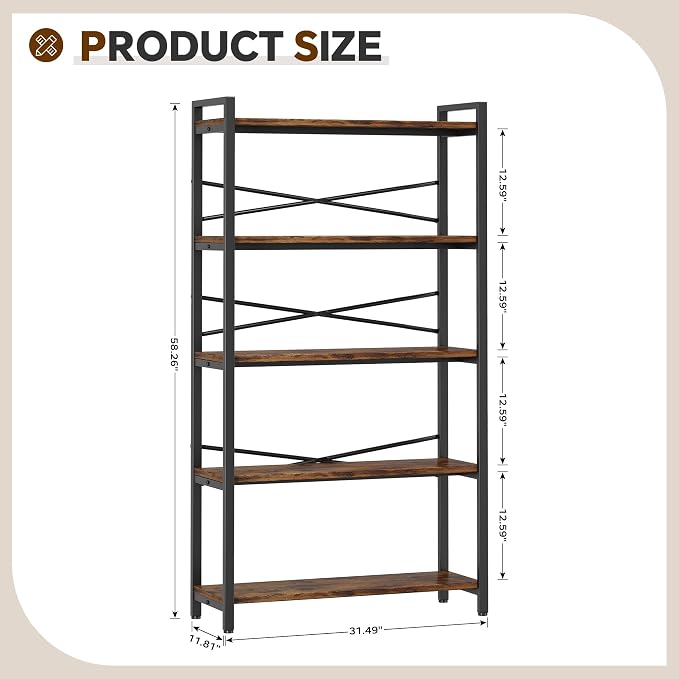 5 Tier Bookshelf 31.49" Width, Tall Book Shelf Storage and Organization - Image 3