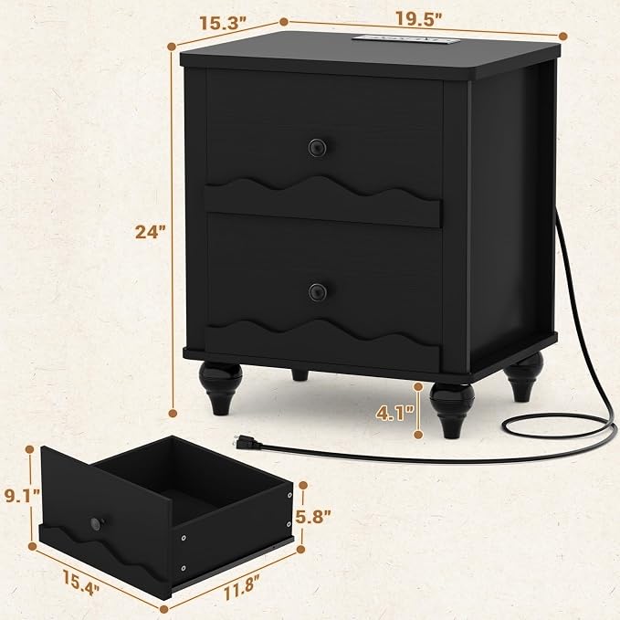 Cyclysio Nightstand with Charging Station, Side End Table with 2 Drawers - Image 2