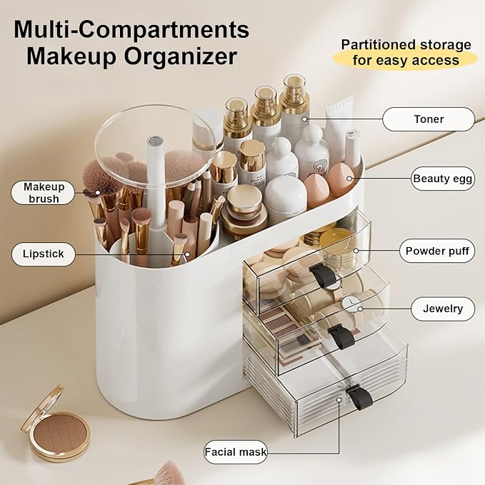 DASITON Makeup Organizer with 3 Drawers, Automatic Lifting Makeup Brush Holder - Image 2