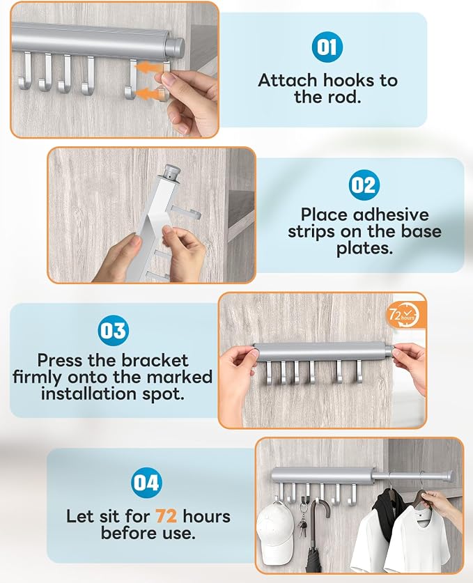 Pull Out Valet Rod, 12 Inches, 6 Hooks | Hidden Screw Design - Image 7