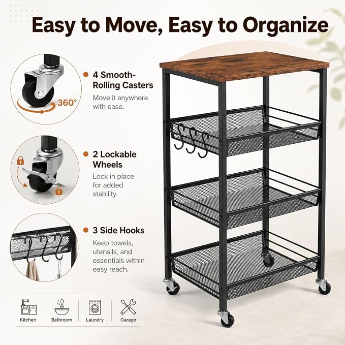 Homleke 4-Tier Rolling Kitchen Storage Cart, Utility Cart - Image 3