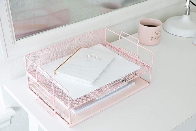 BLU MONACO Pink Mesh Paper Tray – Set of 2 Stackable Letter Trays – Durable - Image 4