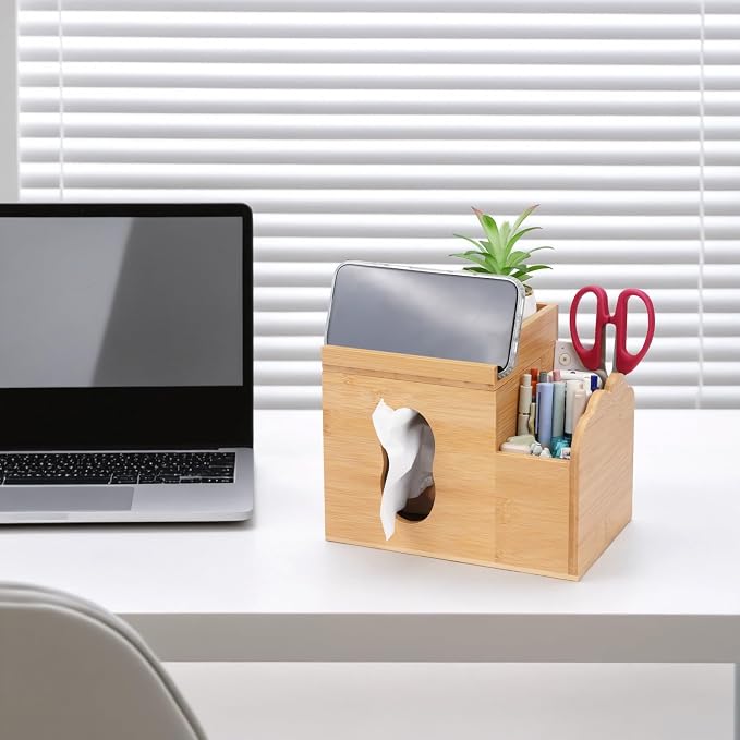Wooden Tissue Box Cover with Storage Tray, Makeup Organizer and Phone Holder - Image 4