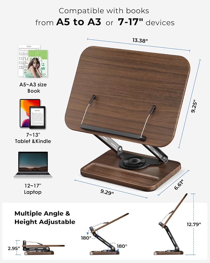 Viozon Book Stand for Reading, Book Holder 360° Rotating Base - Image 3