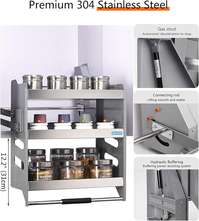 Heavy-Duty 3-Tier Pull Down Kitchen Shelf, Metal Dish & Spice Rack System - Image 2