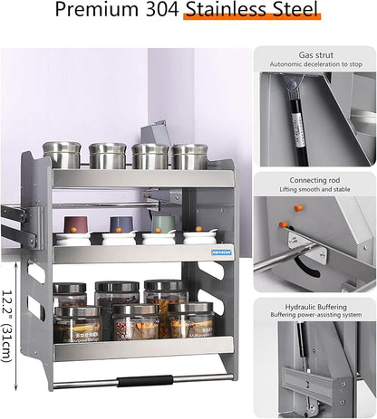 Heavy-Duty 3-Tier Pull Down Kitchen Shelf, Metal Dish & Spice Rack System - Image 2