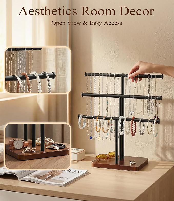 3 Tier Jewelry Holder Organizer, Bracelet Holder Display, Detachable T Bar Wood - Image 2