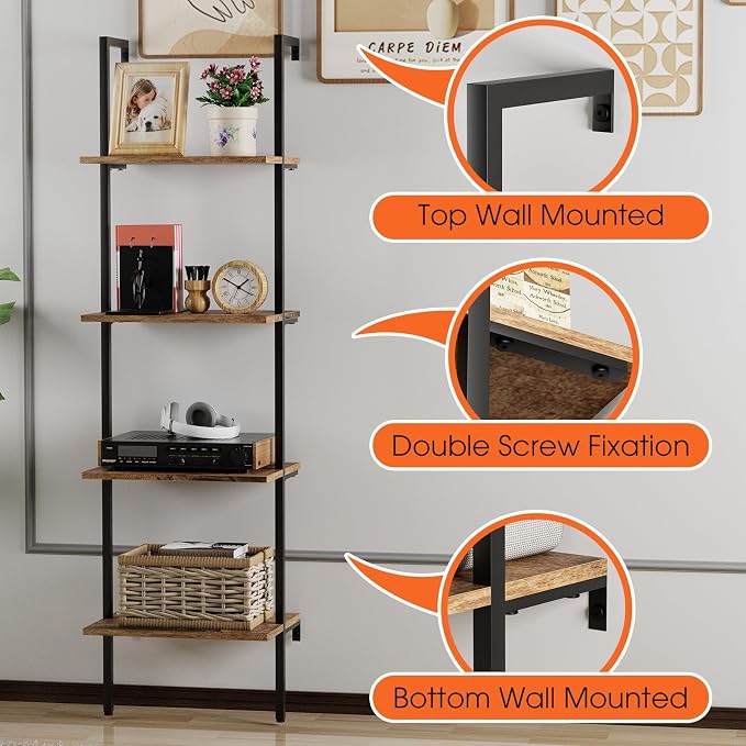 Ladder Shelf 4 Tiers Metal Industrial Bookshelf, Wall Mount Wide Book Case - Image 8