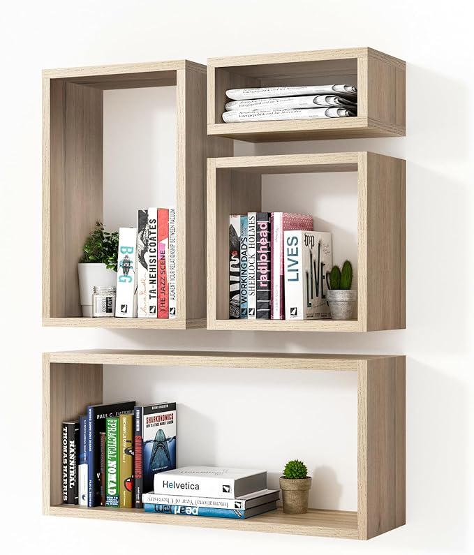 Wall Mount Shelf Set of 4, Floating Cube Shelves by Kaboon