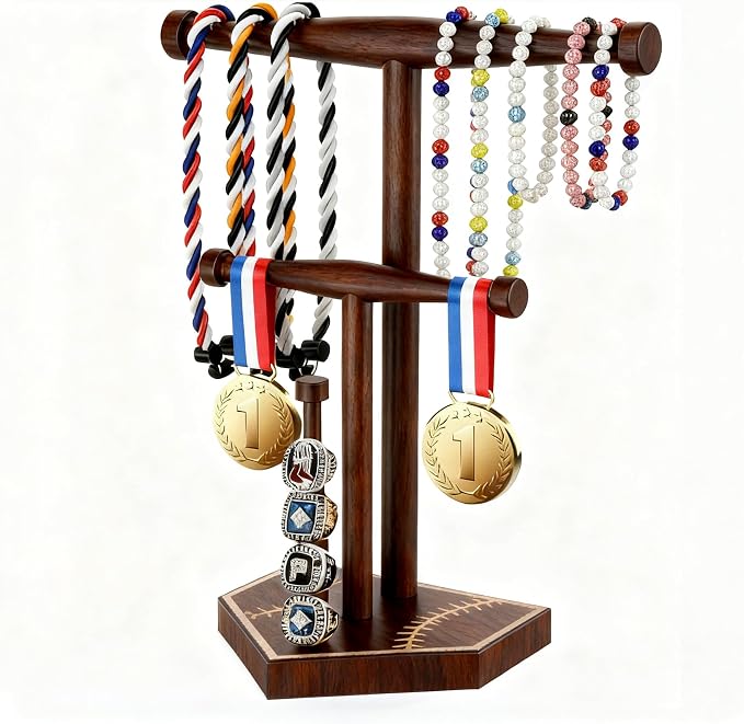 Wooden Baseball & Softball Drip Necklace Holder, Championship Ring Display Stand by Home