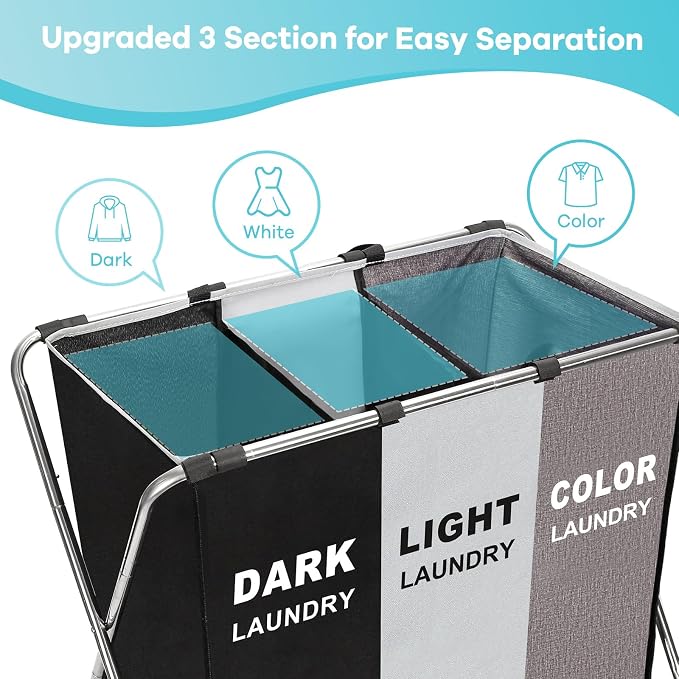 150L Laundry Cloth Hamper Sorter Basket Bin Foldable 3 Sections - Image 3
