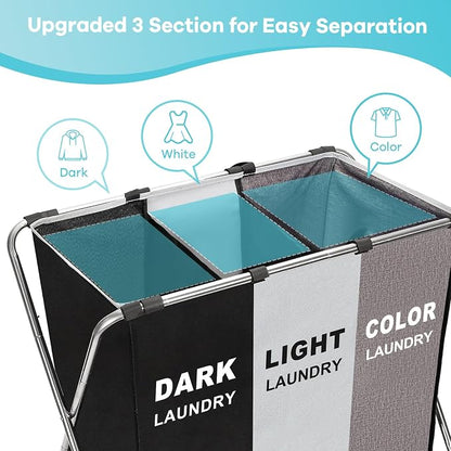 150L Laundry Cloth Hamper Sorter Basket Bin Foldable 3 Sections - Image 3