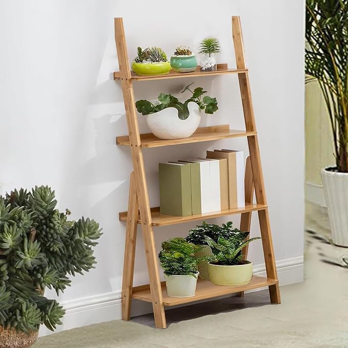 Maydear Bamboo Ladder Shelf Bookcase, 4-Tier Leaning Bookshelf Free Standing - Image 4