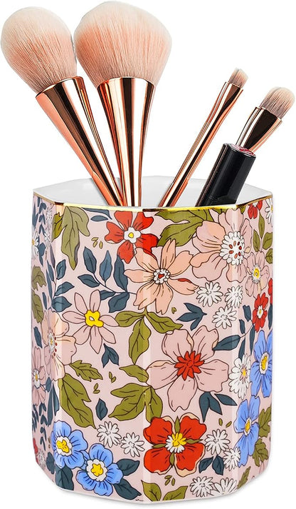 Jwest Pen Holder, Makeup Brush Holder Ceramic Shiny Gold Vintage Floral Flowers - Image 2