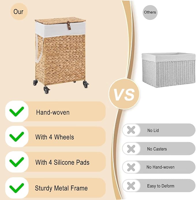 Rolling Laundry Hamper with Lid and Wheels, Slim Laundry Basket with Removable - Image 9