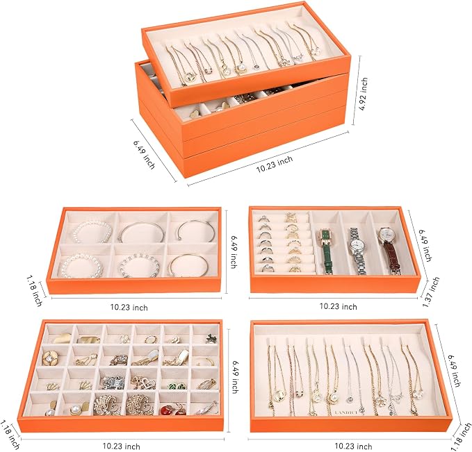 LANDICI Stackable Jewelry Organizer Trays 4 Set, PU Leather Jewelry Organizer - Image 5