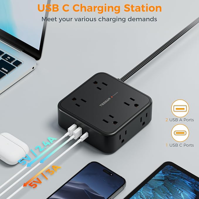 Long Extension Cord 25 FT, TESSAN Ultra Thin Flat Plug Power Strip Surge - Image 5