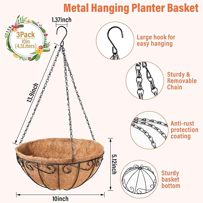 3 Pack 10 Inch Metal Hanging Baskets - Image 2