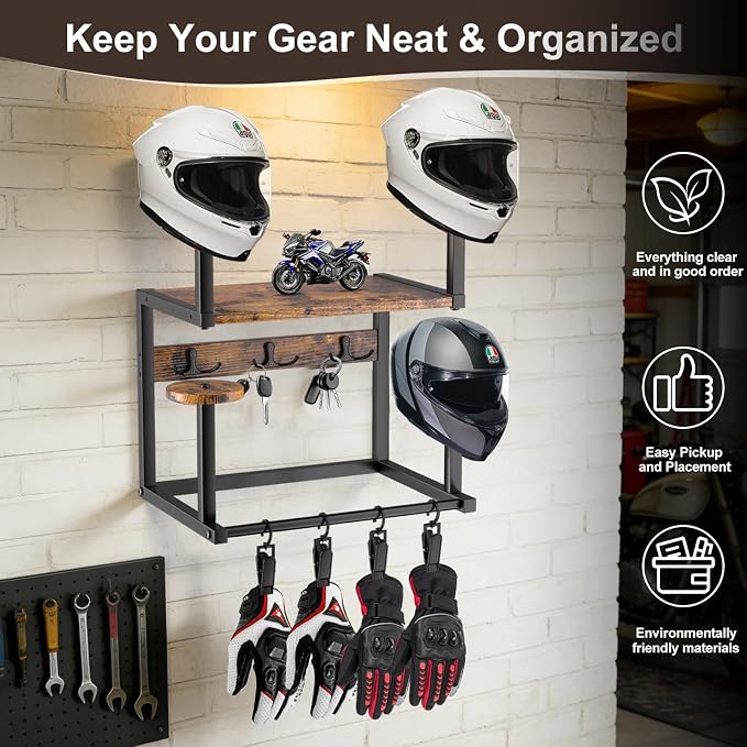 Motorcycle Helmet Hanger Wall Mount, Tiered Wooden Organizer - Image 4