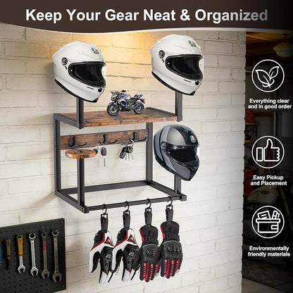 Motorcycle Helmet Hanger Wall Mount, Tiered Wooden Organizer - Image 4