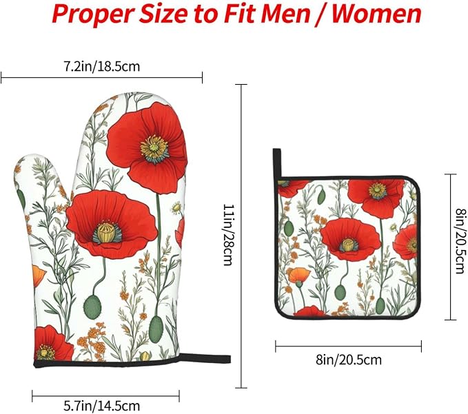Oven Mitts and Pot Holders Sets of 3 Poppy Flower Pattern Oven Mitts 3 Pcs Heat - Image 2