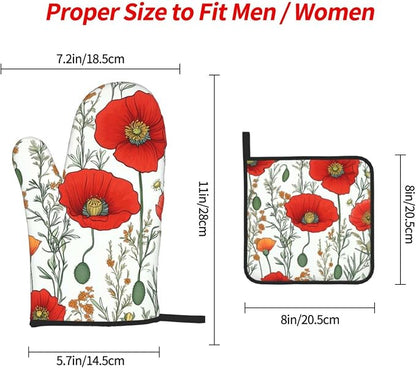Oven Mitts and Pot Holders Sets of 3 Poppy Flower Pattern Oven Mitts 3 Pcs Heat - Image 2