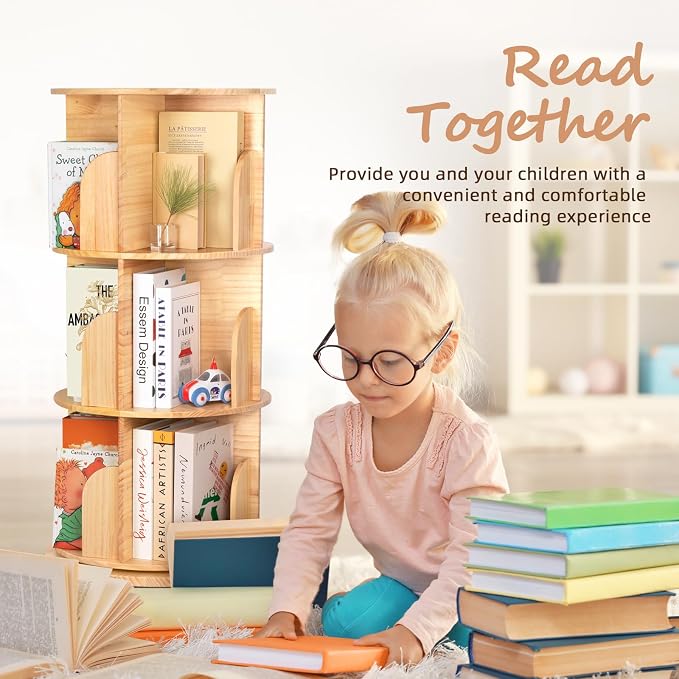 OOOK 3 Tier Rotating Bookshelf Tower, Solid Wood Kids Bookshelf | Large Chassis - Image 5