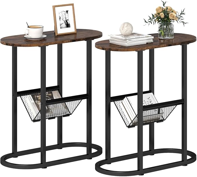 Tangkula Oval Narrow Side Table, 2-Tier End Table w/Mesh Magazine Rack by TANGKULA