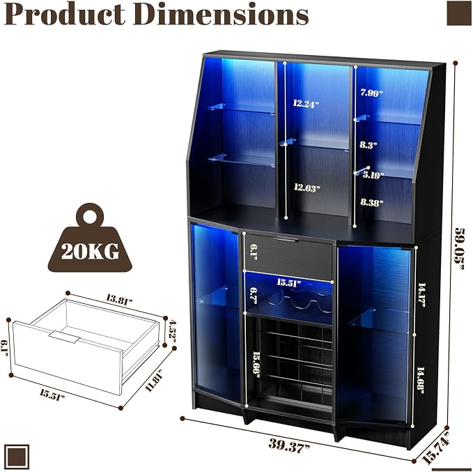59.05" Wine Bar Cabinet W/ LED Lights & Tempered Glass Door, Home Bar Liquor - Image 2