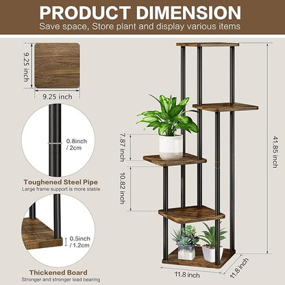 5 Tier Wood Tall Plant Stand Metal Rack Indoor, Planter Shelf Display Rack - Image 2