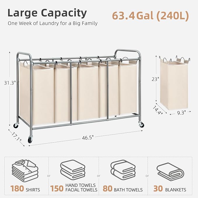 STORAGE MANIAC 5 Section Laundry Sorter, 5 Bins Rolling Separator Laundry Basket - Image 4