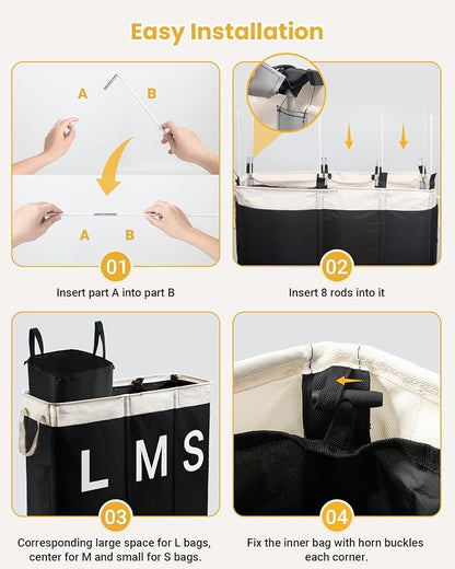 190L Laundry Hamper with Lid, Large Laundry Basket with Lid and 3 Section - Image 7