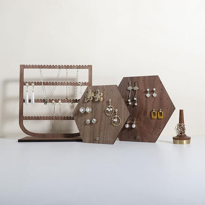 GemeShou Hexagonal Earring Organizer stand, Walnut Plywood Jewelry Display Board - Image 2