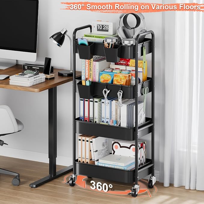 4 Tier Rolling Cart Metal with Wheels, Utility Roller Carts Organizer - Image 7