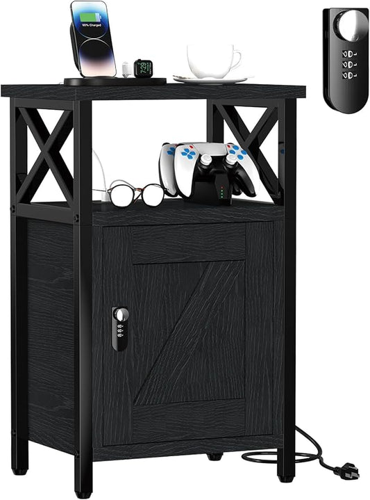 runjuly Wooden Nightstand with Lock Cabinet and Charging Station, Lockable by Home