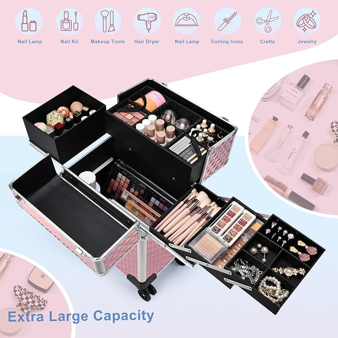 Stagiant Rolling Makeup Train Case Large Storage Cosmetic Trolley 4 Tray - Image 2