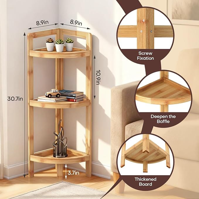 2026 New Bamboo Standing Shelf, 3 Tier Corner Shelf Stand, Free-Standing Shelf - Image 2