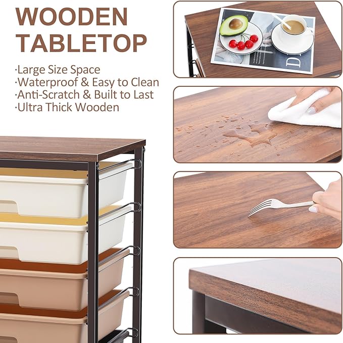 Rolling Carts with Wheels, Utility Cart with 8 Drawers and Wooden Tabletop - Image 4