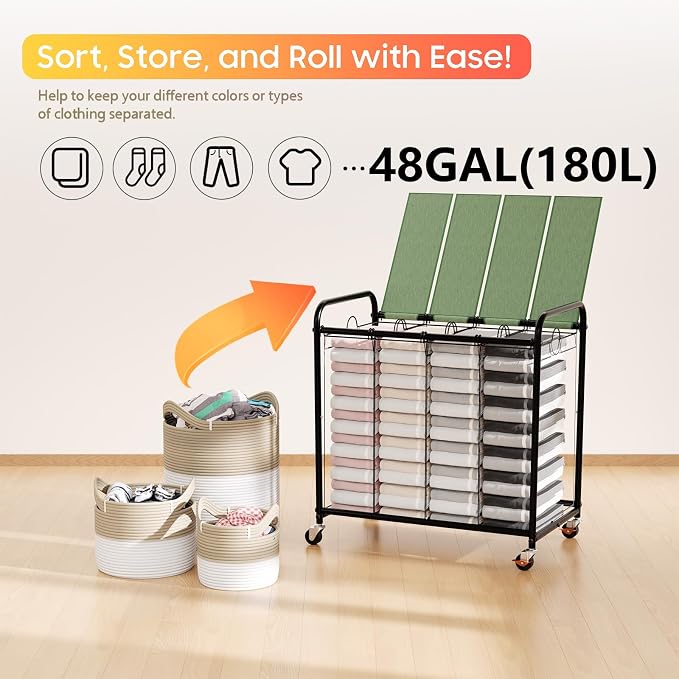 Laundry Sorter 4 Sections 48 Gal, Rolling Laundry Basket - Image 6