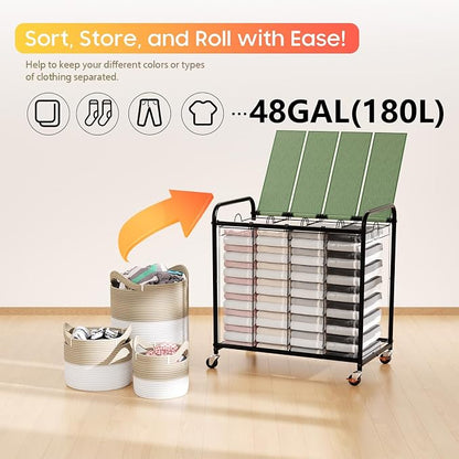Laundry Sorter 4 Sections 48 Gal, Rolling Laundry Basket - Image 6