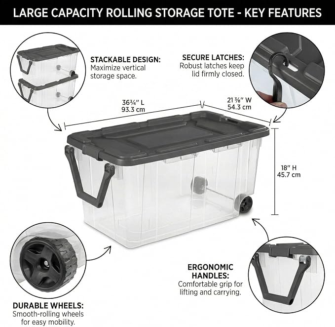 Storage Bins with Wheels 160 Quart, 2 Pack Heavy Duty Clear Plastic Totes with - Image 2