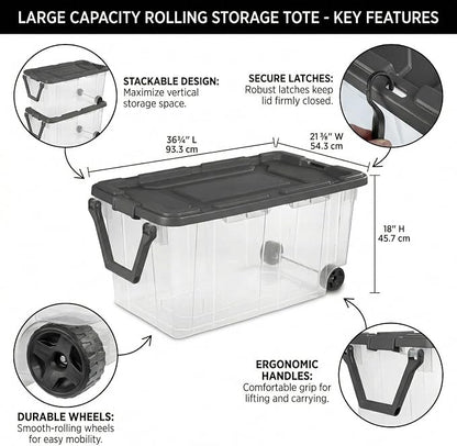 Storage Bins with Wheels 160 Quart, 2 Pack Heavy Duty Clear Plastic Totes with - Image 2