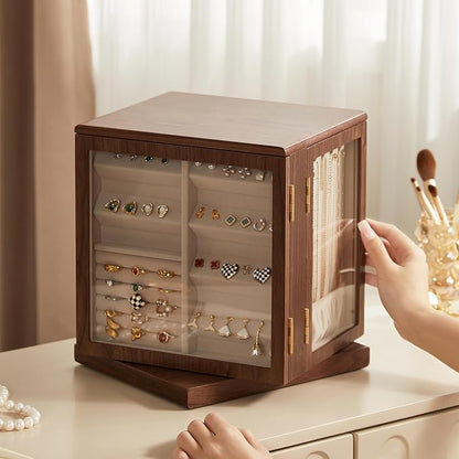 CHOSIN Black Walnut Wooden Jewelry Box, 360° Rotating Organizer by CHOSIN