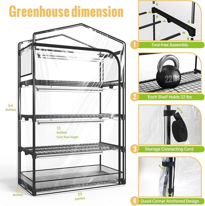Indoor Greenhouse with Grow Light, 4-Tier Plant Shelf with T5 1.6FT 32W Full - Image 6