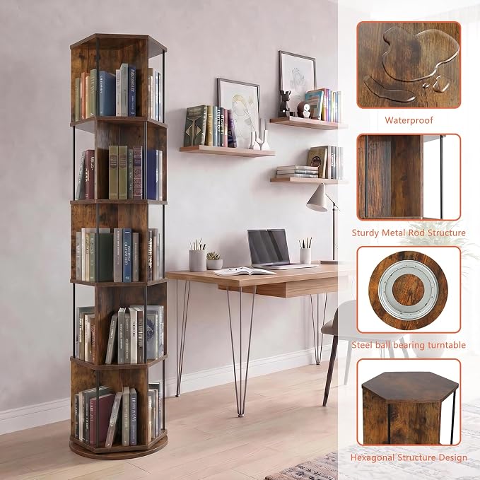 VIWODS Rotating Bookshelf, 5 Tier Spinning Bookshelf Tower, Revolving 360° - Image 3