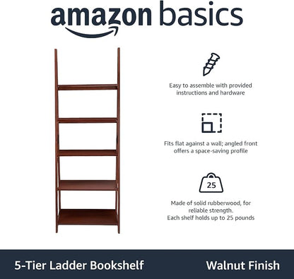 Amazon Basics Ladder Bookshelf Organizer, Solid Rubberwood Frame, Walnut Finish - Image 4