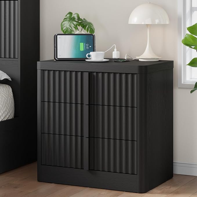 Fluted Nightstand with Charging Station, 23.6" Night Stand with Solid Wood by Harpaq
